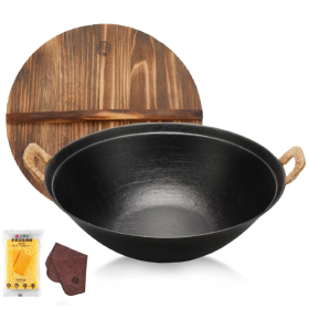 WANGYUANJI 14.2 Handmade Wok, Cast Iron Wok Pan, Large Flat Bottom Wok Stir With Dual Handle And Wooden Lid, Suitable For All Cooktops, Uncoated Chine (Color: Black)