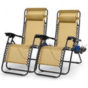 2Packs Zero Gravity Lounge Chair With Dual Side Tray Stress Relief Pillow 330lbs Max Load Per Chair Foldable For Patio Poolside Beach Fedex Shipping (Color: Beige)