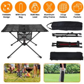 1Pc Portable Folding Camping Table Foldable Beach Table Aluminum Alloy Frame With 2 Cup Holders 2 Side Pockets Carry Bag For Picnic Camping Hiking Bea (Color: Black)