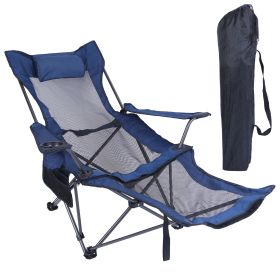 1Pc Foldable Camping Chair 330LBS Load Heavy Duty Steel Lawn Chair Collapsible Chair With Reclining Backrest Angle Cup Holder Pillow Side Pocket Carry (Color: Blue)